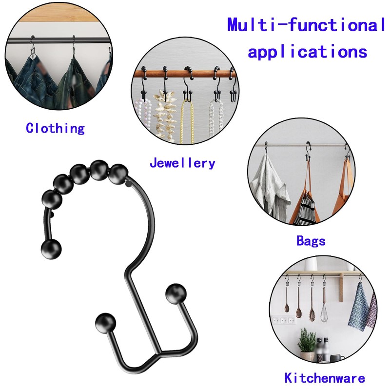 Black Metal Double Sided Shower Curtain Hooks Rings - Set
