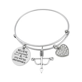 Sportybella Archery Charm Bangle Bracelet – Inspirational Bow and Arrow Motivational Jewelry for Women – Believe in Yourself & You Will Be Unstoppable Gift for Archers, Coaches, Players