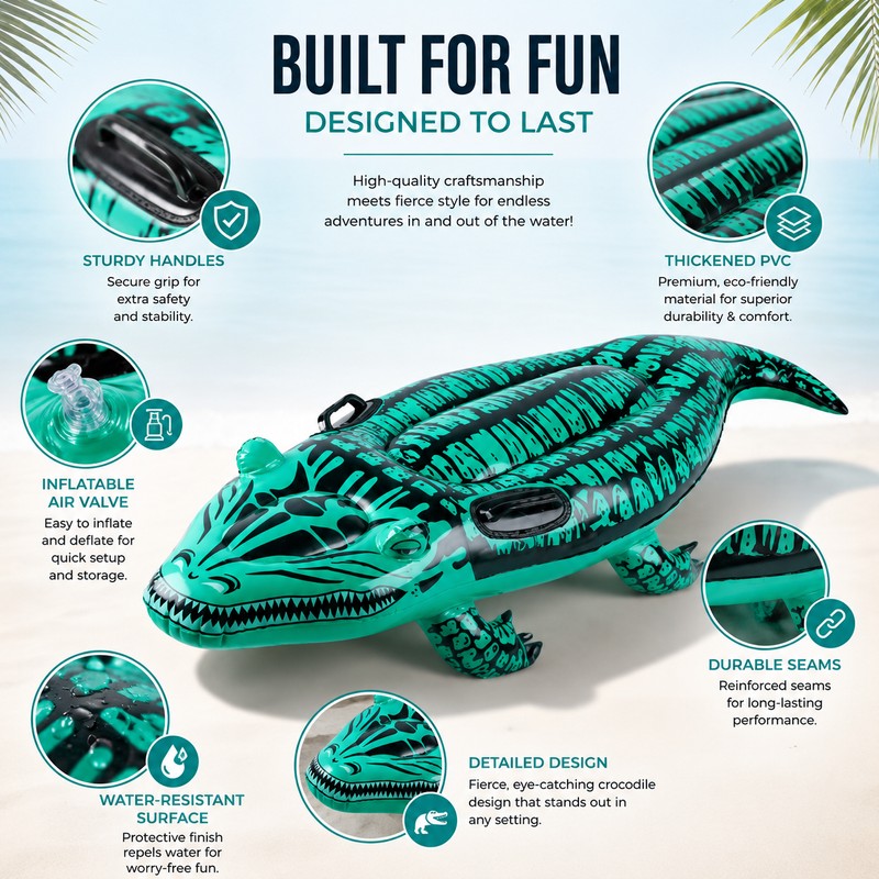 Crocodile Inflatable Ride-On Pool Float for Summer Fun – PVC