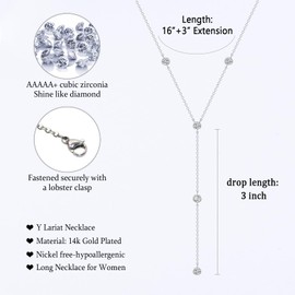 EPIRORA Y-Shaped Lariat Necklace for Women, Dainty Long Layered CZ Teardrop Pendant Necklace 14K Silver Plated Adjustable Chain Trendy Jewelry Gifts for Women