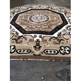 Traditional Oriental Persian Octagon Area Rug Beige Brown Ivory Oriental Design 101 (7 Feet 3 Inch X 7 Feet 3 Inch)