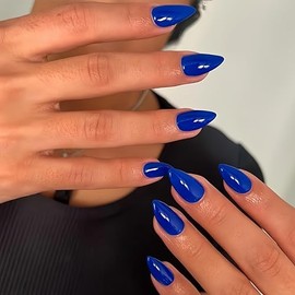 Kqueenest Uñas Postizas Cortas De Almendra Azul Real, 30 Uñas Postizas Gruesas Cortas, Uñas Acrílicas De Color Sólido, Uñas Cortas De Almendra Natural