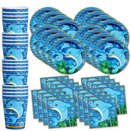 Juego de suministros para fiesta de cumpleaños de delfín, platos, servilletas, tazas, vajilla para 16
