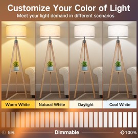 OUTON Dimmable Wood Tripod Floor Lamp with Shelves, Remote Control, Mid Century Modern Standing Lamp 58.5" for Bedroom, Living Room, and Office, Flaxen Lamp Shade Include E26 9W Bulb