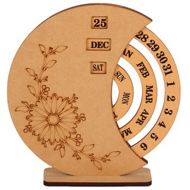 eTroves 8.5 Inch Perpetual Calendar Wooden Home and Office Desk Decor -Vintage Wooden Disc Perpetual Desk Calendar Brown