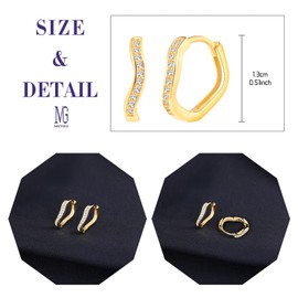 MICGIGI Women's 925 Sterling Silver Earrings 13 mm Diameter Simple Wave Shape Cubic Zirconia Earrings (Gold), Silver