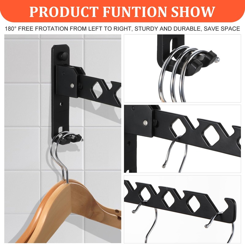 2 Pack Wall Mount Coat Hanger Holder Black Clothes Drying