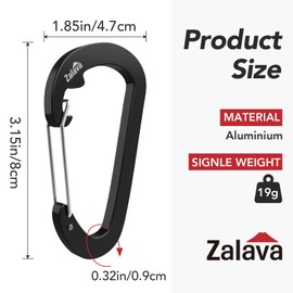 Zalava Wiregate Carabiner Quick Release with 10kN Heavy Duty Aircraft Aluminium D Shape Clip Set for Camping, Hiking, Fishing, 6 Pieces, black