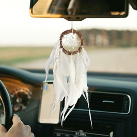 Mini Dream Catcher Car Rear View Mirror Accessories White Wall Hanging Native American Car Interior Decor Charms Natural Rattan Feathers Ornament for Women