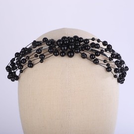 Teyglen Pearl Wedding Headband Bridal Wedding Pearl Beads Headband Tiara Floral Blue Red Black Pearl Hair Piece Hair Accessories for Women Girl Party Prom Brithday (Black)