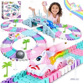 194PCS Unicornio Pista De Carros para Niños, Juguetes para Niña, con Coches de Unicornio, Juguete de Pistas de Coches, DIY Pista de Carros, Cumpleaños
