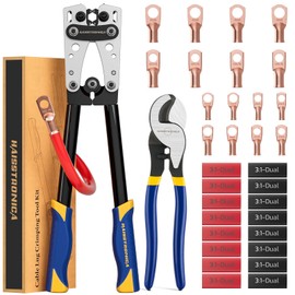 haisstronica Heavy Duty Battery Cable Crimping Tool Kit-Ratchet Hex Extended Handle Crimper for 8,6,4,2,1,1/0 AWG Copper Lugs with Cable Cutter, 32PCS Copper Lugs&Heat Shrink Tubing