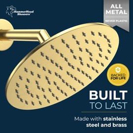 HammerHead Showers All Metal Round 8 Inch Rainfall Shower Head, High Flow Shower Head Optimized for Pressure, Brushed Gold, 1.75 GPM