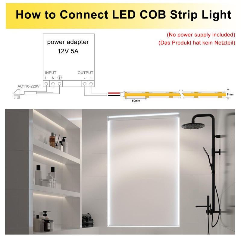 Pandery led Strip Lights Waterproof,DC24V Strip Lights IP65,3000K Warm White,320LEDs/M,8MM