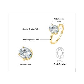 JewelryPalace Oval Cut 9 * 7mm 2ct Moissanite Solitaire Engagement Rings for Women, 14K Yellow Gold 925 Sterling Silver Promise Ring for Her, Simulated Diamond Anniversary Wedding Ring VVS D-F 6
