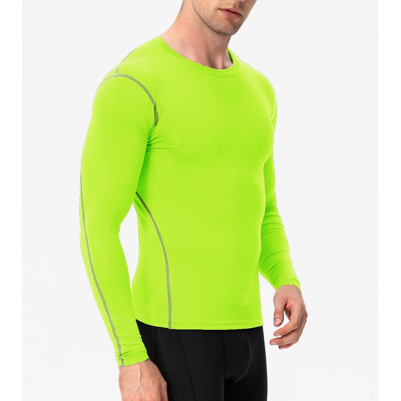 Fluorescent Green Compression Shirts Mens Long Sleeve Running Gym Top