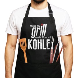 MoonWorks Barbecue Apron Man with Grill Seeking Woman with Charcoal Black One Size, Barbecue charcoal black