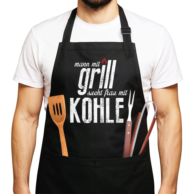 MoonWorks Barbecue Apron Man with Grill Seeking Woman with Charcoal