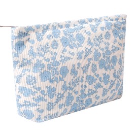 Makeup Bag for Women, Flower Cosmetic Bags Zipper Pouch, Large Capacity Corduroy Makeup Bag, Travel Toiletry Bag Organizer for Women and Girls (Flower-A)
