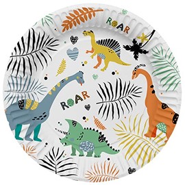 Folat 61930 Paper Party Tableware Paper Plates Round Diameter Dino Roars 23 cm Pack of 8 Disposable Tableware Plates for Birthday Party, Baby Shower, Wedding, Bridal Shower, Multicoloured