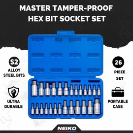 Neiko 01144A Tamper-Proof Hex Bit Socket Set, 26 Pieces | SAE (5/64-9/16”) and Metric (2-14MM)