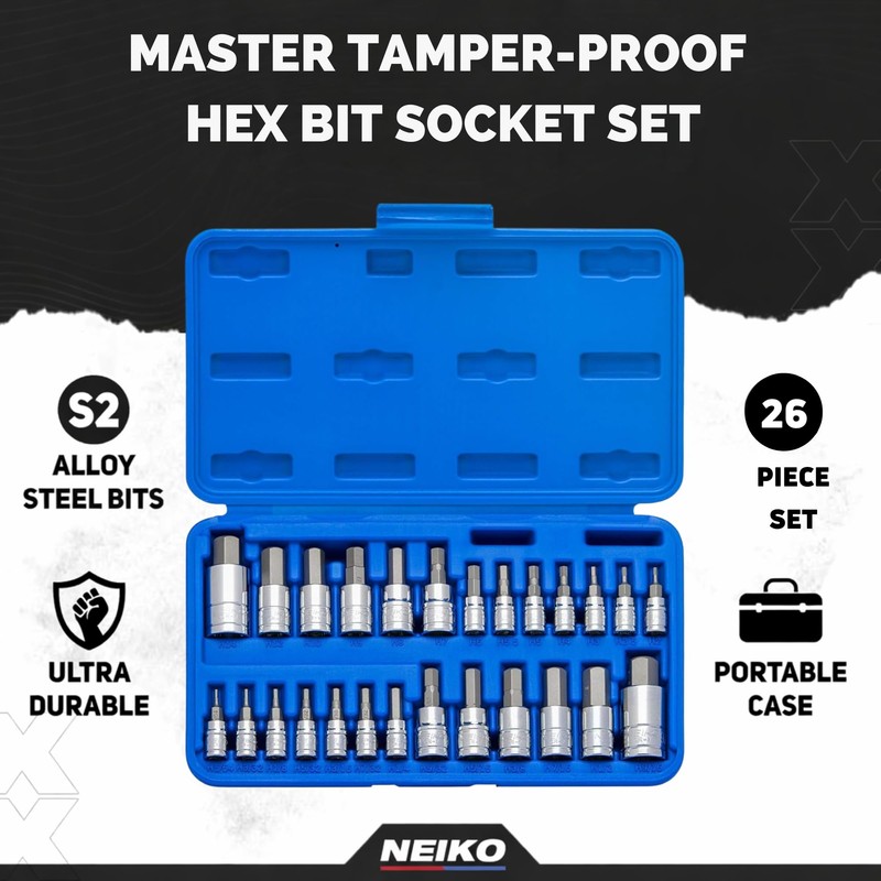 Neiko 01144A Tamper-Proof Hex Bit Socket Set, 26 Pieces |