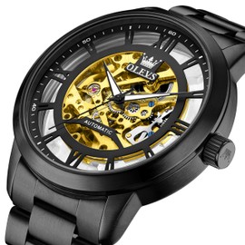 OLEVS Mens Skeleton Watches Gold Automatic Mechanical Luxury Dress Self Winding Stainless Steel Waterproof Luminous Wrist Watches for Men