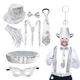 8-Piece Set Glitter Outfit Men's Disco Outfit Men's Glitter Accessories 70 80 Years with Glitter Hat, Tie, Eye Mask, Bow Tie, Y Straps, Gloves, Key Pendant and Belt