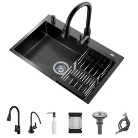 Black Kitchen Sink with Faucet, Deep Stainless Steel Single Bowl, Sink Drop In/Topmount Farmhouse Workstation Apartment Sink with Multiple Accessories (28.3x17.7 inch)