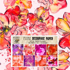 Decoupage Paper Pack (24 Sheets 6"x6") Bright Flowers FLONZ Vintage Styled Seamless Pattern Paper for Decoupage, Craft and Scrapbooking Wildflowers Poppy Garden
