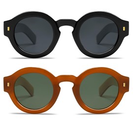 VANLINKER Vintage Round Polarized Sunglasses for Women Men Trendy Shades Retro Circle Sun Glasses VL9743, 2 Pack C1 Black/C5 Dark Brown, middle