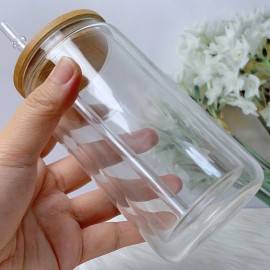 25pcs  16OZ 20OZ Double Wall Snow Globe Glass Sublimation Tumbler With Bamboo Lids Pre Drilled SnowGlobe Glass Cancolor: 25pcs (Clear), capacity: 16OZ (inside 12OZ,outside 16OZ)