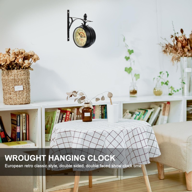 EXCEART Double Sided Wrought Iron Wall Clock - Wall Hanging