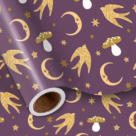 LeZakaa Elegant Christmas Wrapping Paper Roll, Purple Gold, Doves, Moon, Mushrooms, Festive Design, for Christmas, New Year's Eve, Elegant Parties, for Women, Adults, Mini Roll 17 in x 16.4 Ft