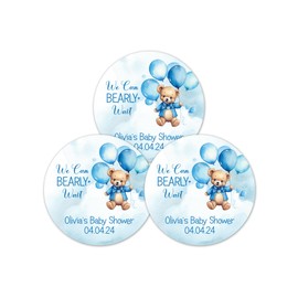 Blue Bear Baby Shower Stickers 1 inch Round, Pack of 63 We Can Bearly Wait Party Favor Labels for Favor Bags and Boxes - BB48