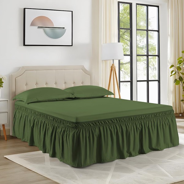 NookZuzu Wrap Around Ruffled Lace Bed Skirt,Dark Olive Green Bed
