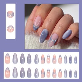 French Tip Press on Nails Medium Almond, Bow Fake Nails with Glue, Pearl Rhinestones Stick on Nails Blue Nude Glossy False Nails for Women DIY Manicure Decoration, 24PCS
