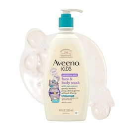 Aveeno Kids Jabón para Cara y Cuerpo para Piel Sensible, Extracto de Avena, Sin Lágrimas, No Reseca, Aroma Ligero, Dispensador de Bomba, Hipoalergénico, Sin Sulfatos y Colorantes, 18 fl oz