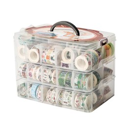 HomDSim HomDSim Washi Tape Box Organizer Storage,Divider Closet Container,with 30 Adjustable Compartments,Clear,Masking Tape Desktop Tape DIY Sticker Roll Tape Cutter Holder Storage,Finger Safty Dispenser