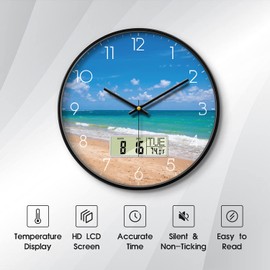 Modern Wall Clocks with Calendar and Date Ocean Wave Sea Beach Digital Clock Large Display Non-Ticking Kitchen Silent Clock with Day and Temperature for Elderly Farmhouse Living Room Bathroom 14 Inch