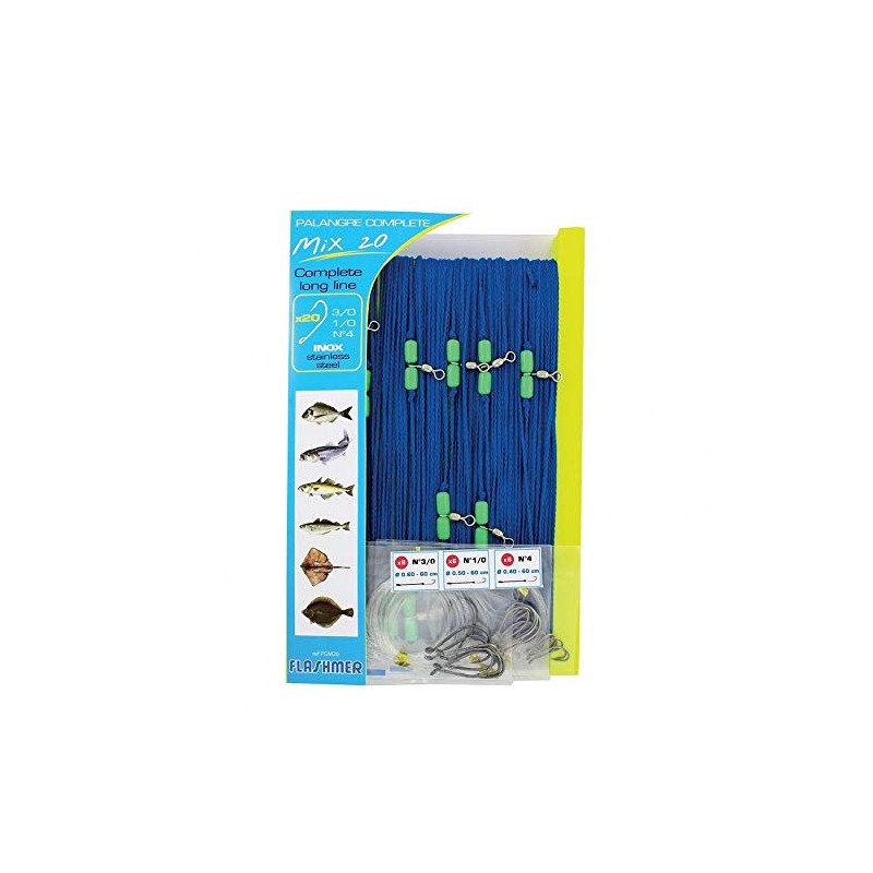 FLASHMER FISHING HOOK LONGLINE MIX 20 (50m, Blue/Silver, 20 Pieces)