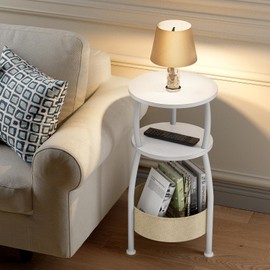 Yuede Round End Table for Living Room with Storage Basket –Small Space Saving Side Table 3-Tier Nightstand Couch Corner Stand Bedroom, Garden and More 24in Tall Matte White