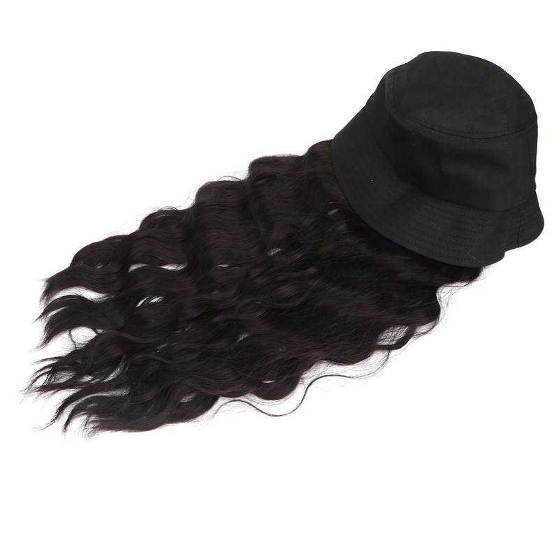 Hat Wig Women Detachable Middle Length Black Brown Curly Wavy