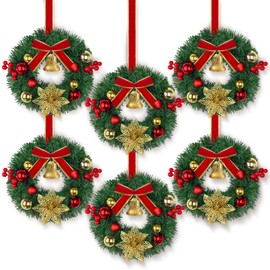 6 Pcs Mini Christmas Wreath with Bell, Berry, Flowers and Ball,10 inch Small Christmas Door Wreath for Kitchen Window Chair Wall Decor(Bell)