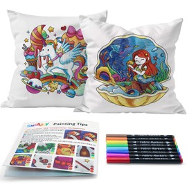 SNEILJOY Craft Set Children from 6 Years, Craft Set Girls 10 Years, Cushion Cover for Painting for Children, 2 Cotton Cushion Covers (40 x 40 cm) and 10 Textile Markers (Fantasy)