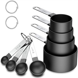 8 Piece Measuring Cups and Spoon Set Stackable Stainless Steel Handle for Measuring Dry and Liquid Ingredients for Kitchen (Black)