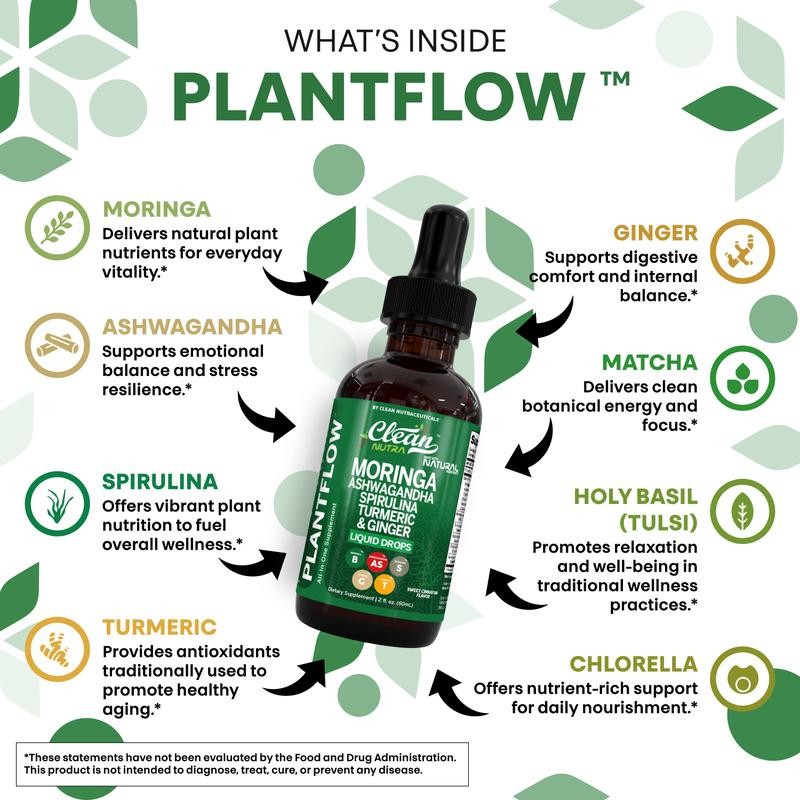 Clean Nutra Plantflow Moringa Drops with Ashwagandha Turmeric Ginger Spirulina