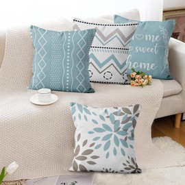 Hnmdmyi Cushion Cover, Light Blue, 45 x 45 cm, Set of 4, Home Sweet Home, Flowers, Boho, Geometric Decorative Cushion Covers, Modern Farmhouse Linen Cushion Cover for Sofa, Couch, Bed, Garden, Outdoor