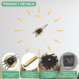 M METERXITY 1-Pack 3D DIY Wall Clock,28 Inch Modern Frameless Silent Clock Decor with No Number for Living Room/Office/Home/Surface Wall Decor [Gold]