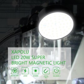 Xapolu LED Magnetic Work Light with Flexible Gooseneck, 20W 2000 Lumens 6500K 110V US Plug, Machine Lathe Light with On/Off Magnetic Base for Work Bench, Sewing Machine, Lathe Workbenches